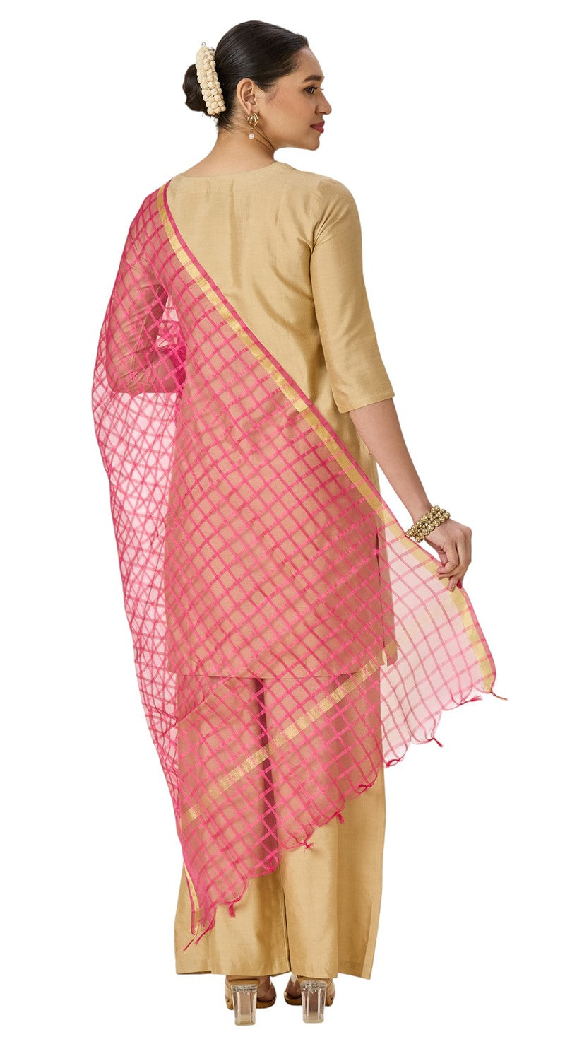 Women's Chanderi Silk Blend Handloom Checks Dupatta (32" X 2.35 Meters) (2964 - Pink)