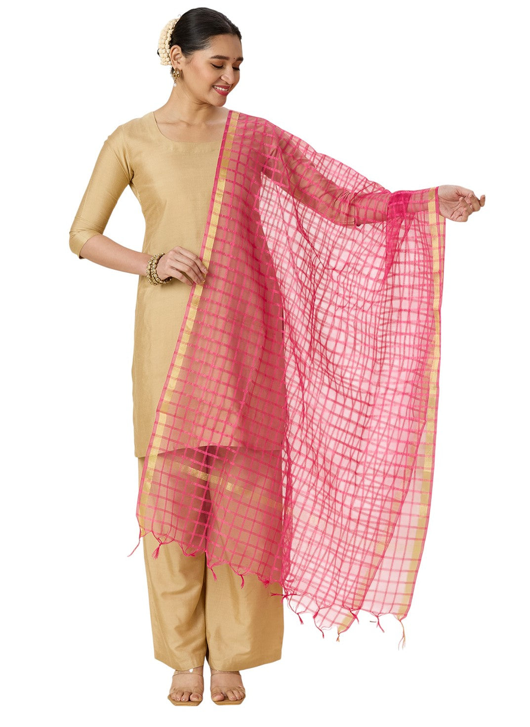 Women's Chanderi Silk Blend Handloom Checks Dupatta (32" X 2.35 Meters) (2964 - Pink)