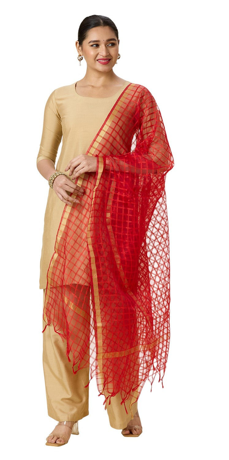 Women's Chanderi Silk Blend Handloom Checks Dupatta (32" X 2.35 Meters) (2964 - Red)