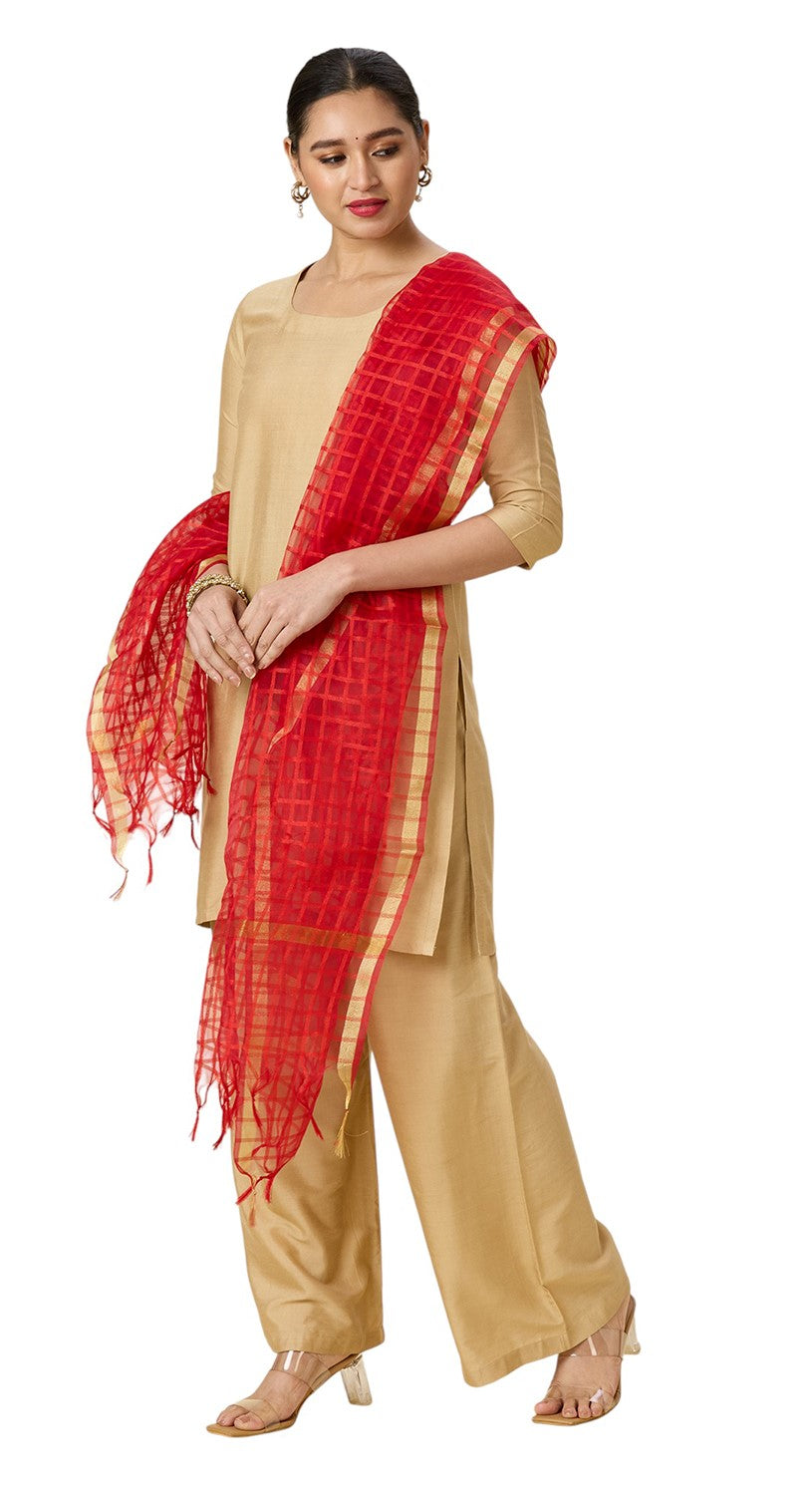 Women's Chanderi Silk Blend Handloom Checks Dupatta (32" X 2.35 Meters) (2964 - Red)