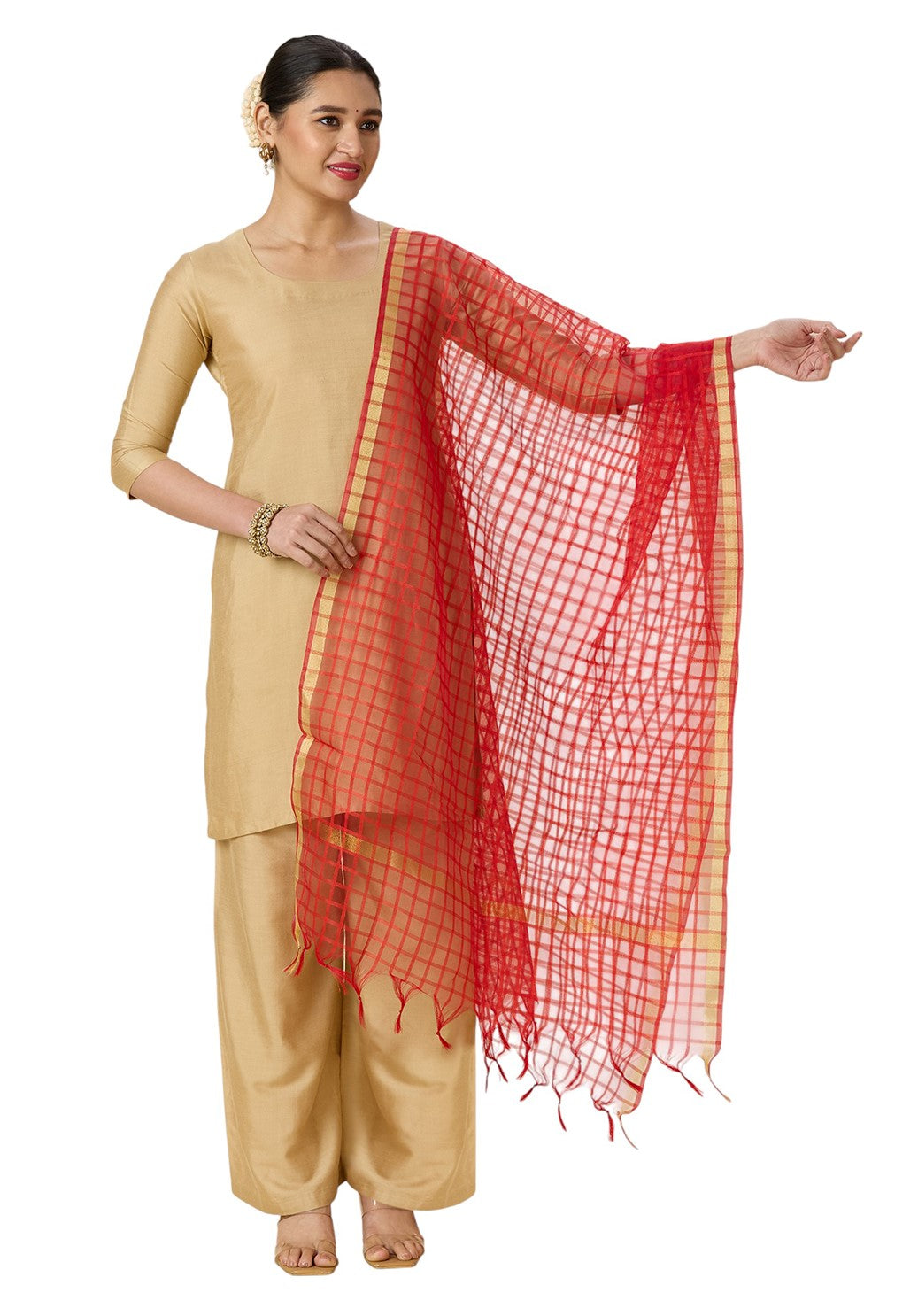 Women's Chanderi Silk Blend Handloom Checks Dupatta (32" X 2.35 Meters) (2964 - Red)