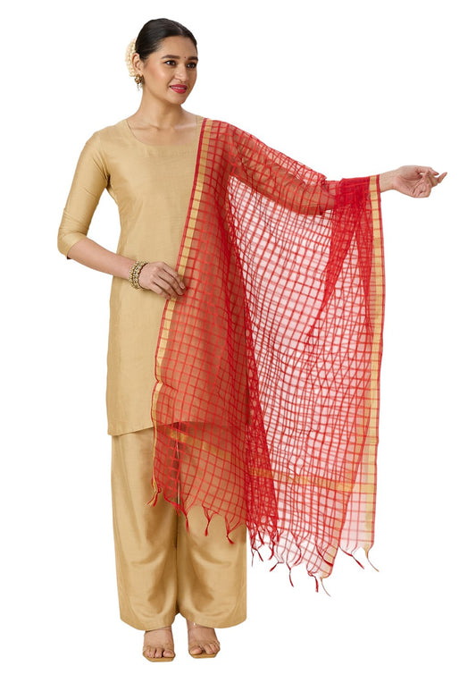 Women's Chanderi Silk Blend Handloom Checks Dupatta (32" X 2.35 Meters) (2964 - Red)