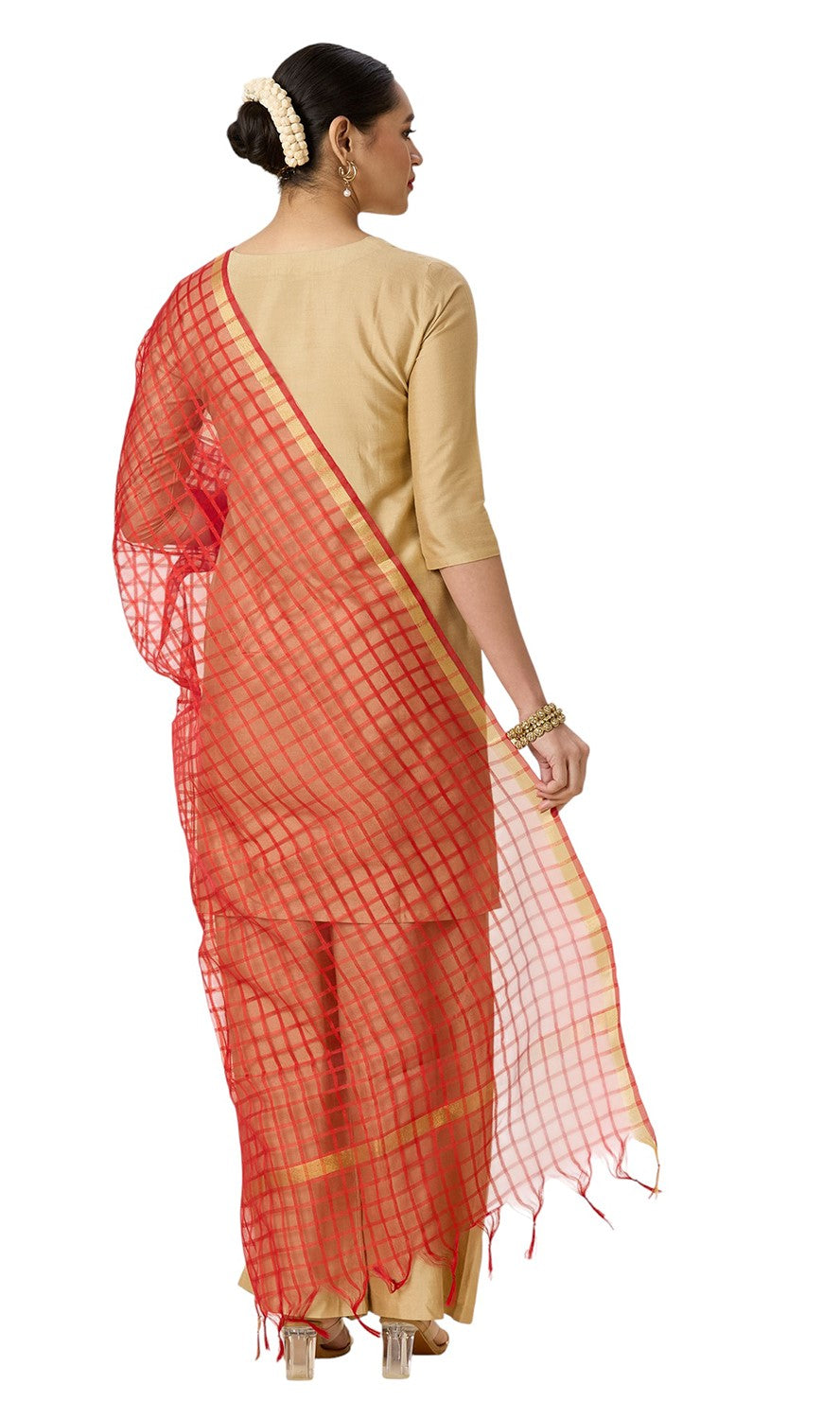 Women's Chanderi Silk Blend Handloom Checks Dupatta (32" X 2.35 Meters) (2964 - Red)