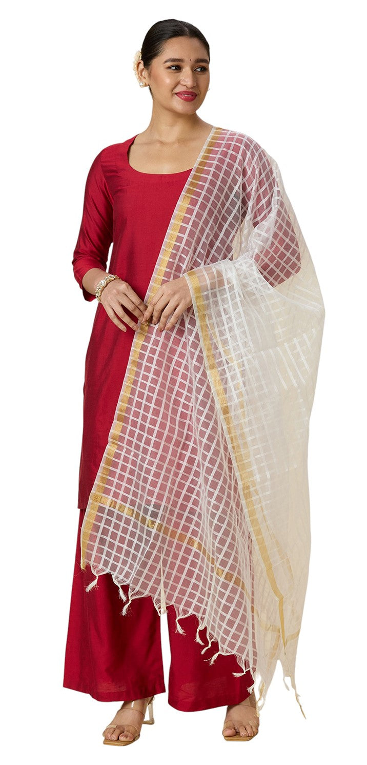 Women's Chanderi Silk Blend Handloom Checks Dupatta (32" X 2.35 Meters) (2964 - White)
