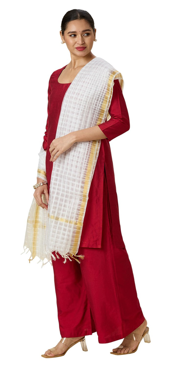 Women's Chanderi Silk Blend Handloom Checks Dupatta (32" X 2.35 Meters) (2964 - White)