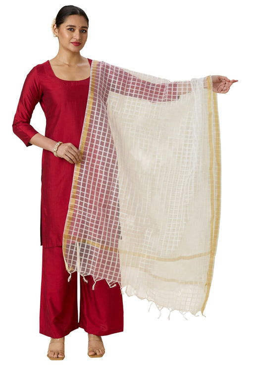 Women's Chanderi Silk Blend Handloom Checks Dupatta (32" X 2.35 Meters) (2964 - White)