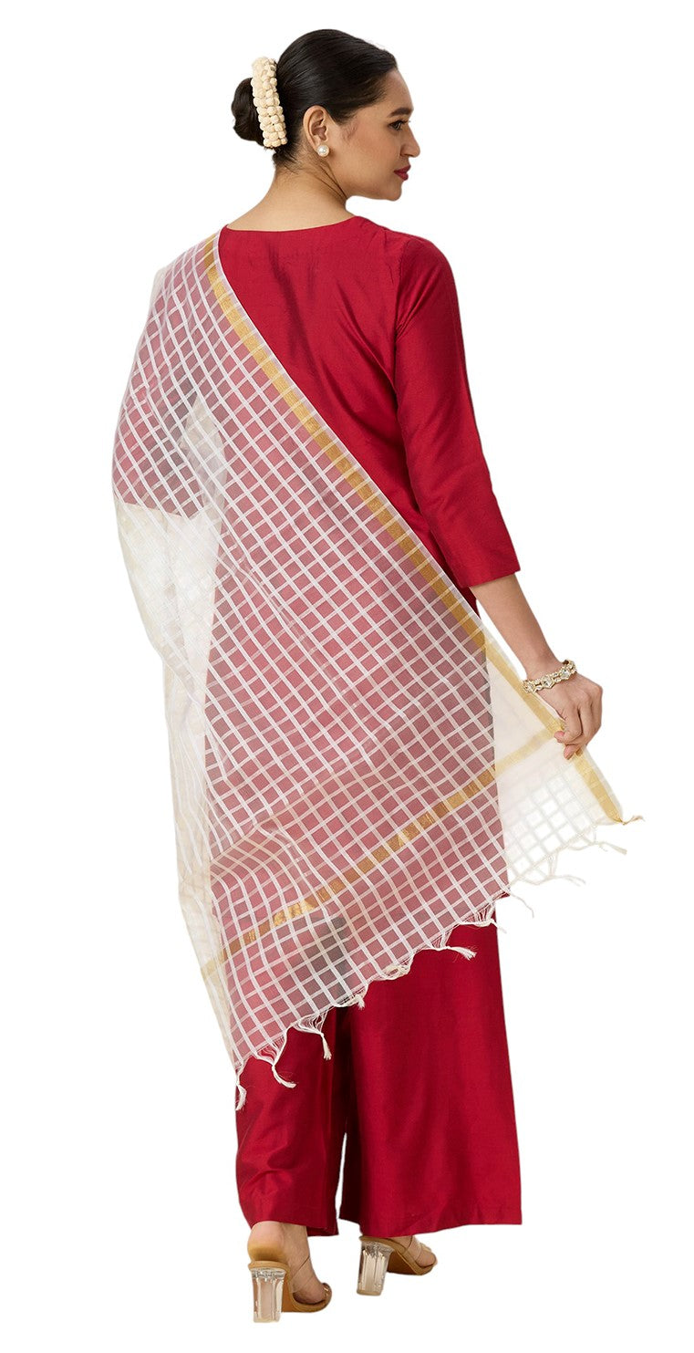 Women's Chanderi Silk Blend Handloom Checks Dupatta (32" X 2.35 Meters) (2964 - White)