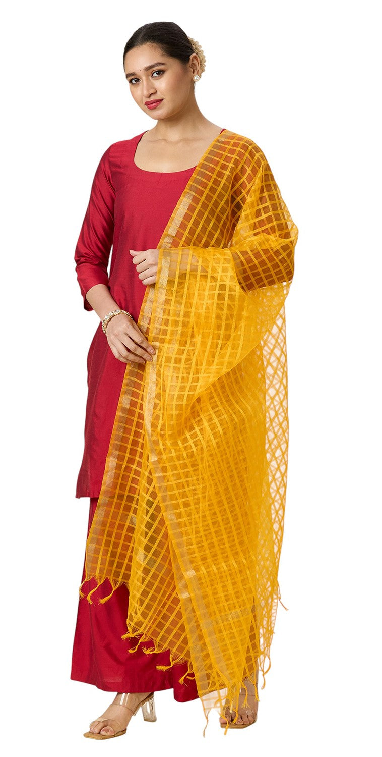 Women's Chanderi Silk Blend Handloom Checks Dupatta (32" X 2.35 Meters) (2964 - Yellow)