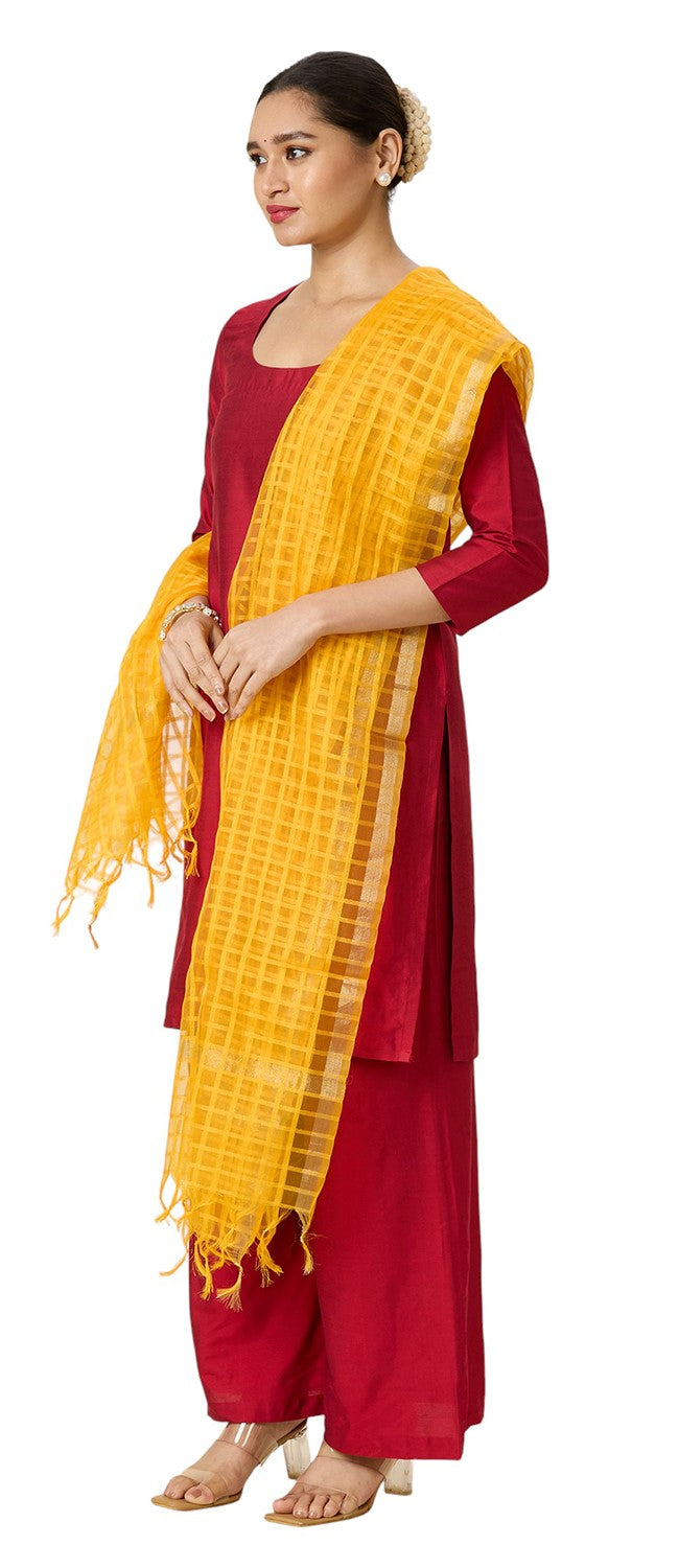 Women's Chanderi Silk Blend Handloom Checks Dupatta (32" X 2.35 Meters) (2964 - Yellow)