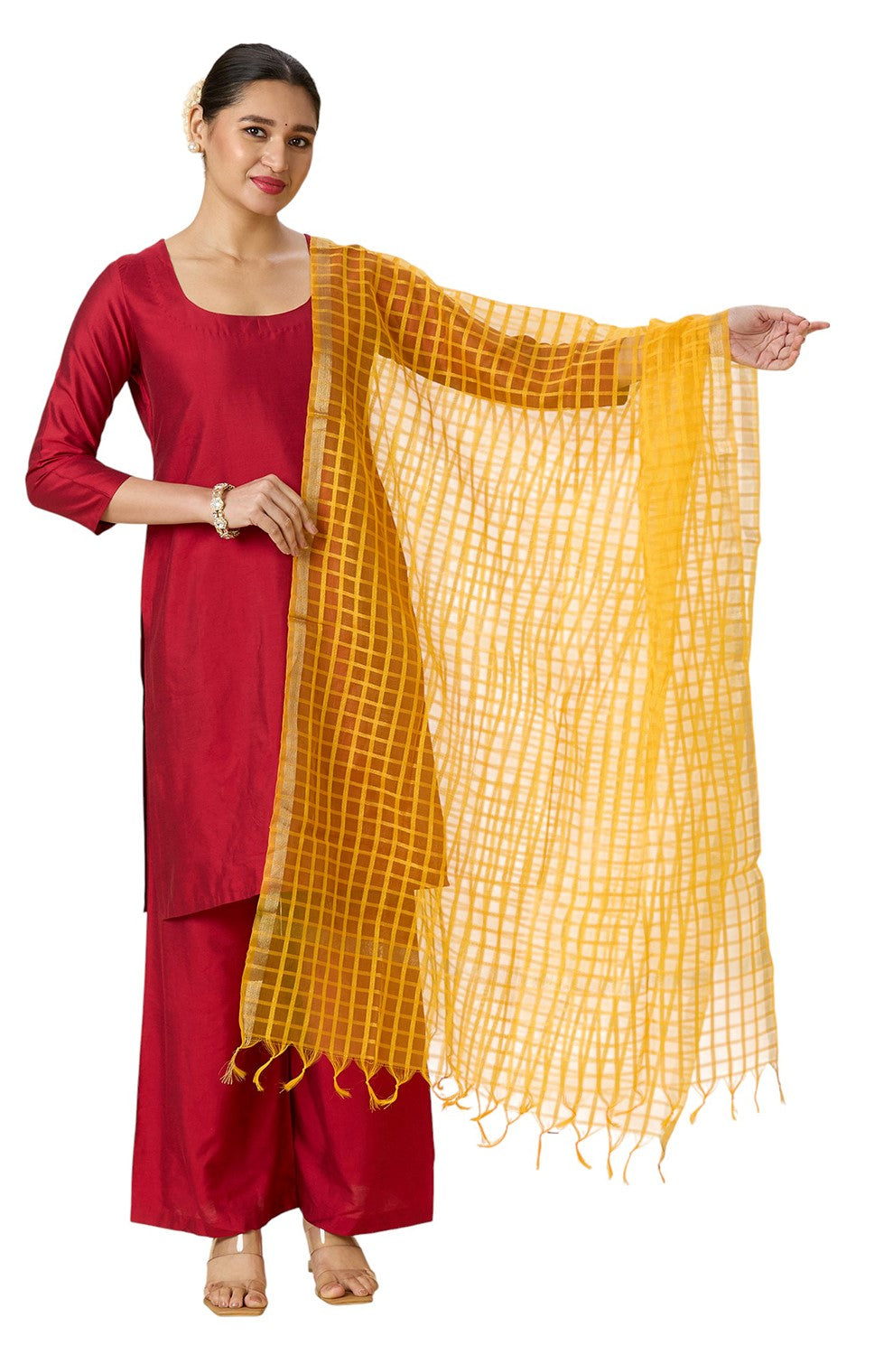 Women's Chanderi Silk Blend Handloom Checks Dupatta (32" X 2.35 Meters) (2964 - Yellow)