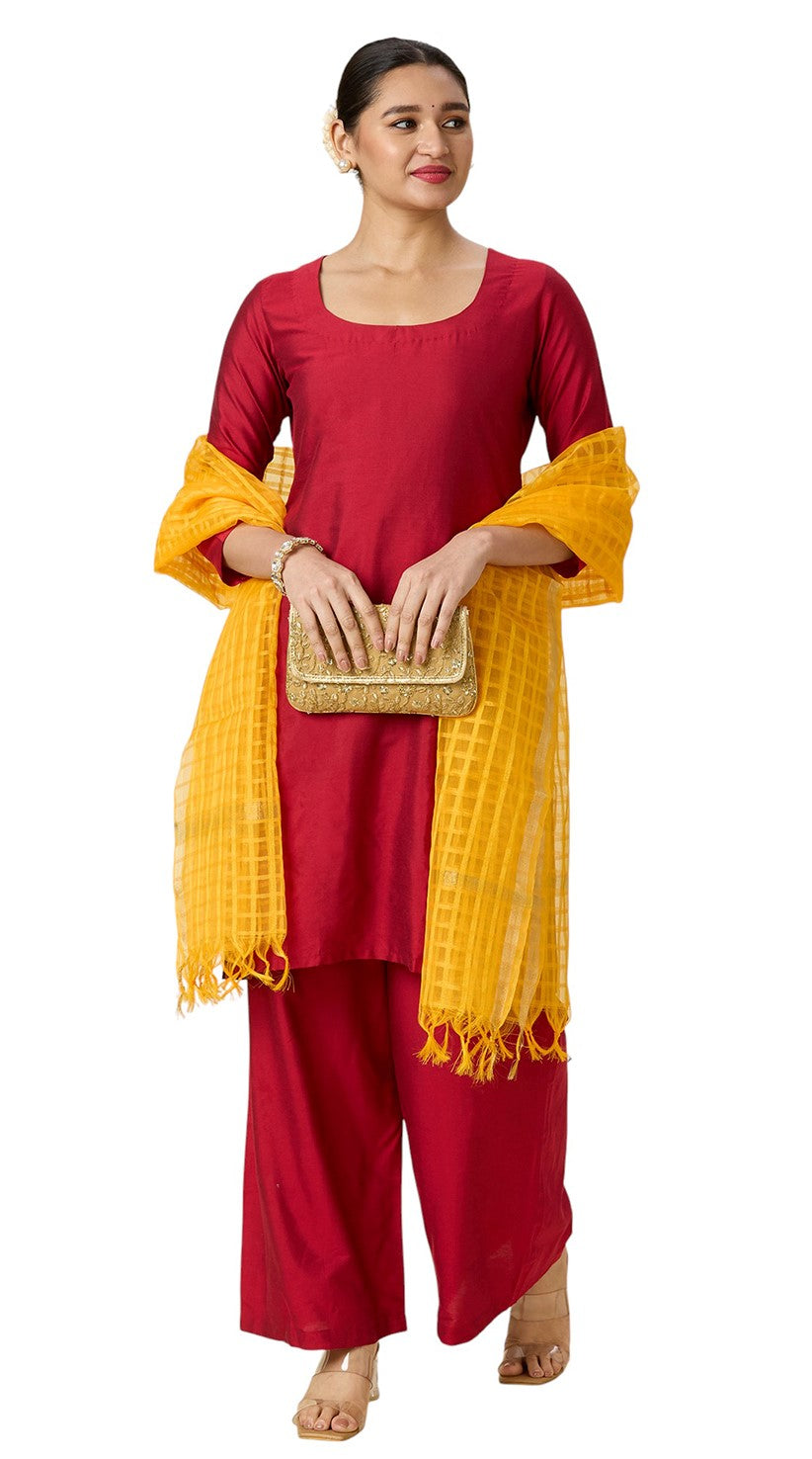Women's Chanderi Silk Blend Handloom Checks Dupatta (32" X 2.35 Meters) (2964 - Yellow)