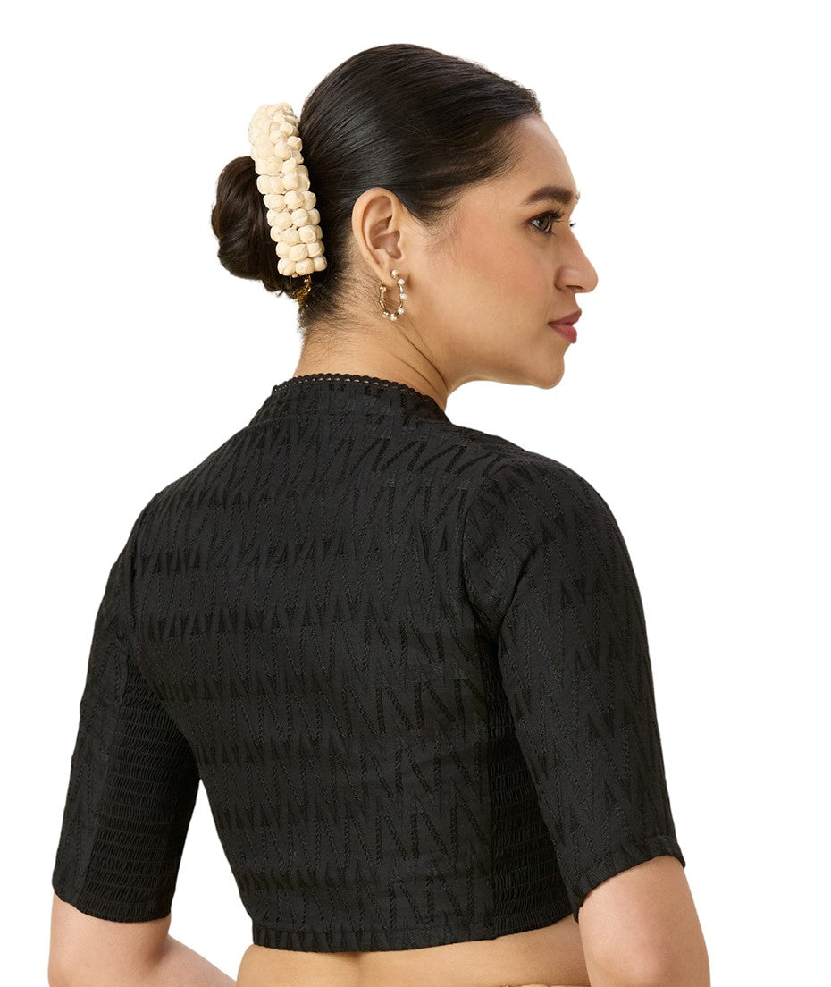 Women's Black Cotton Chikankari (Smocked) Readymade Saree Blouse (Design 2965)