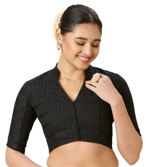 Women's Black Cotton Chikankari (Smocked) Readymade Saree Blouse (Design 2965)
