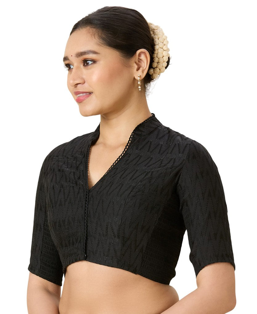 Women's Black Cotton Chikankari (Smocked) Readymade Saree Blouse (Design 2965)