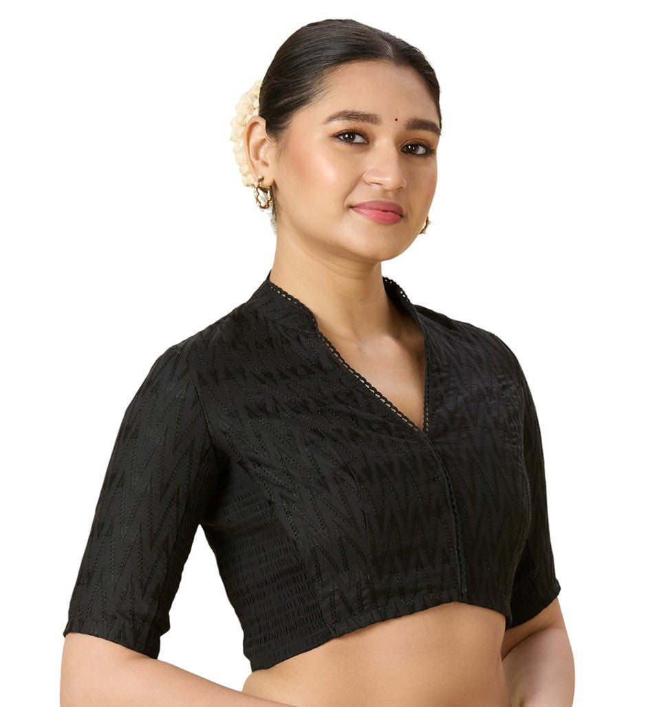 Women's Black Cotton Chikankari (Smocked) Readymade Saree Blouse (Design 2965)