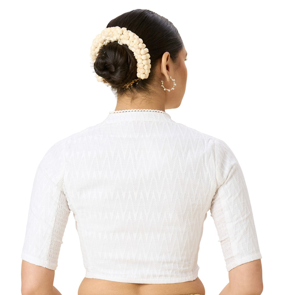 Women's White Cotton Chikankari (Smocked) Readymade Saree Blouse (Design 2965)