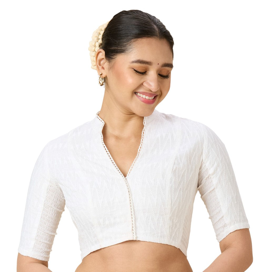 Women's White Cotton Chikankari (Smocked) Readymade Saree Blouse (Design 2965)