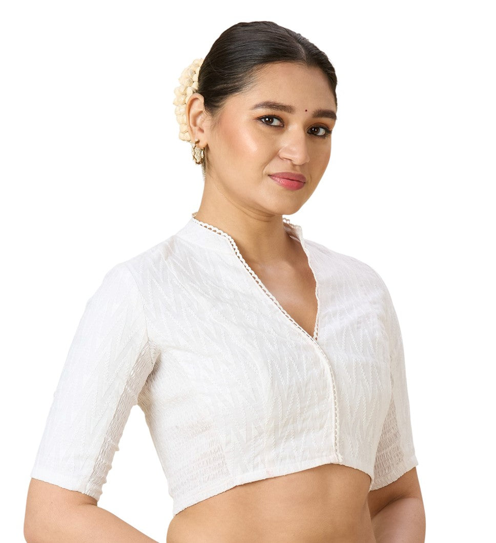 Women's White Cotton Chikankari (Smocked) Readymade Saree Blouse (Design 2965)