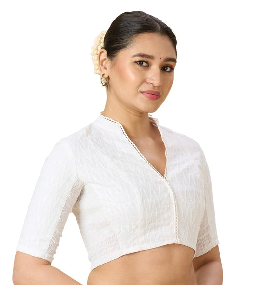 Women's White Cotton Chikankari (Smocked) Readymade Saree Blouse (Design 2965)