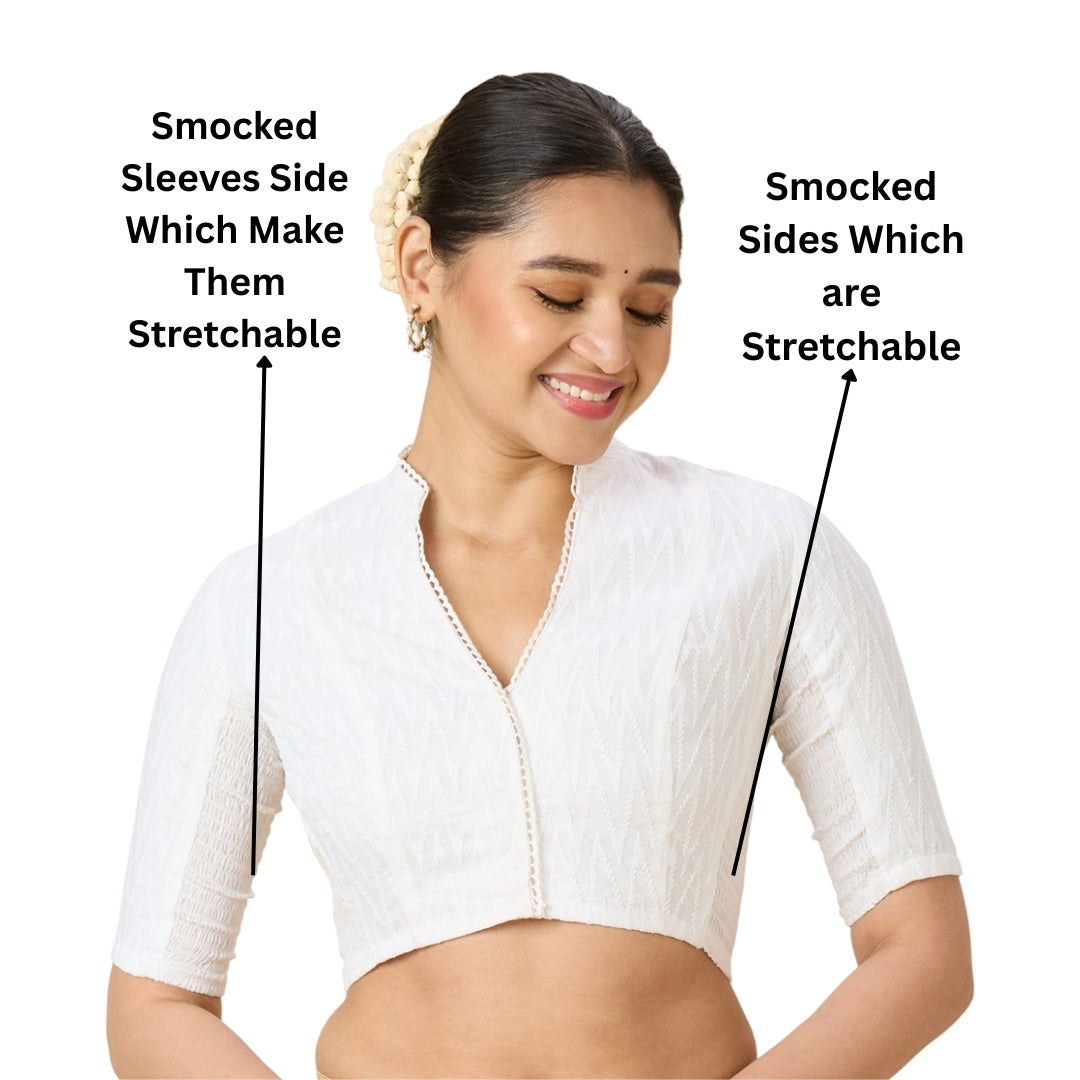 Women's White Cotton Chikankari (Smocked) Readymade Saree Blouse (Design 2965)