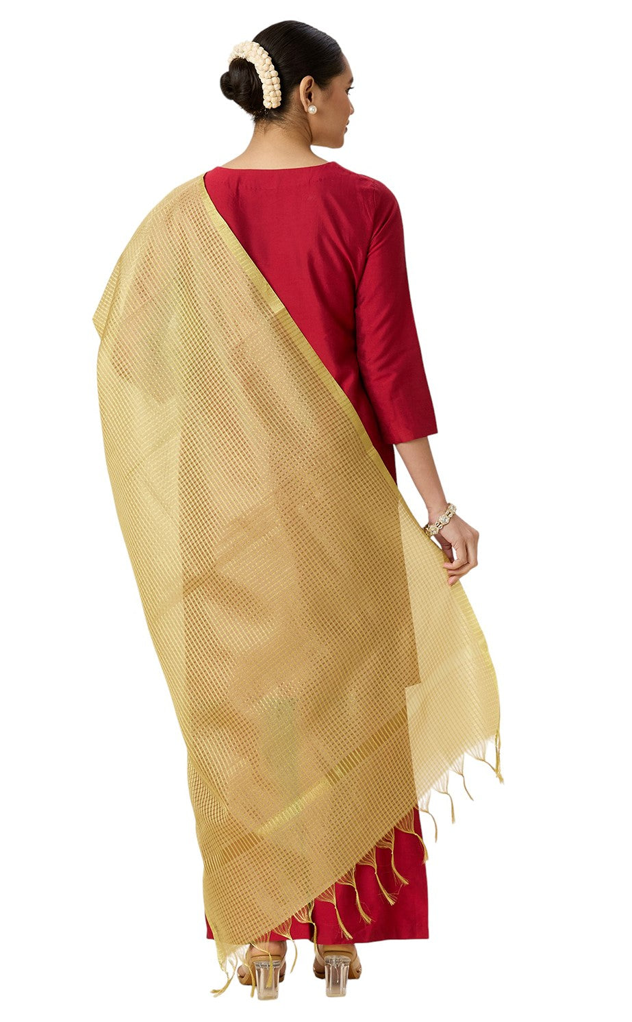Women's Golden Checks Dupatta (35" X 2.45 Meters) (2966 - Gold)