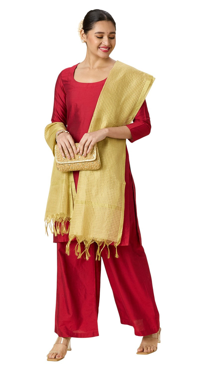 Women's Golden Checks Dupatta (35" X 2.45 Meters) (2966 - Gold)