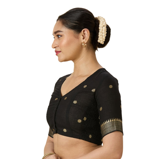 Women's Black Handloom Cotton Stretchable (Smocked) Readymade Saree Blouse (Design 2967)