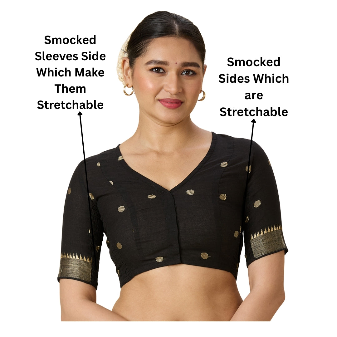 Women's Black Handloom Cotton Stretchable (Smocked) Readymade Saree Blouse (Design 2967)