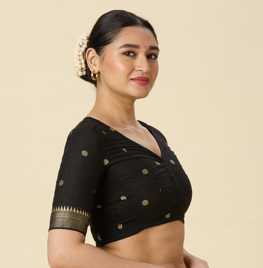 Women's Black Handloom Cotton Stretchable (Smocked) Readymade Saree Blouse (Design 2967)