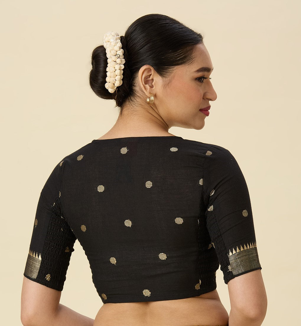 Women's Black Handloom Cotton Stretchable (Smocked) Readymade Saree Blouse (Design 2967)