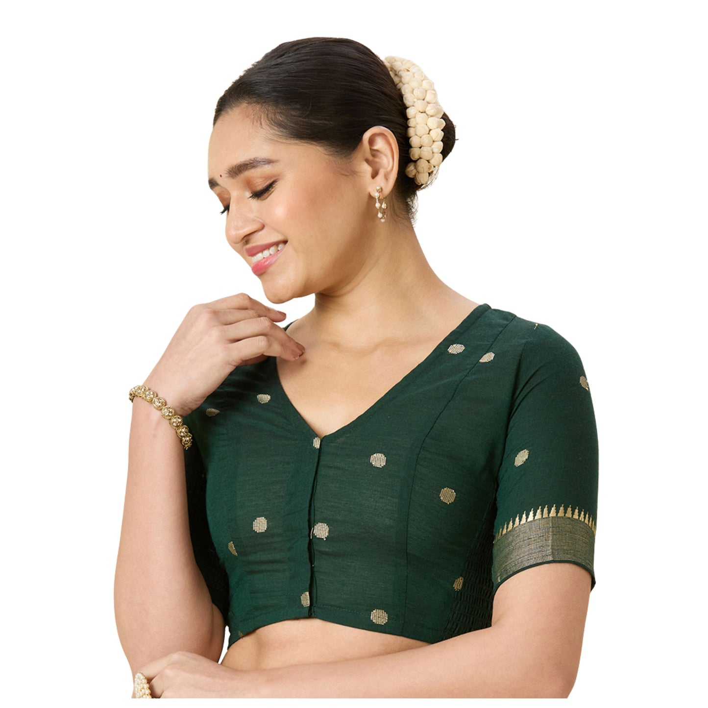 Women's Green Handloom Cotton Stretchable (Smocked) Readymade Saree Blouse (Design 2967)