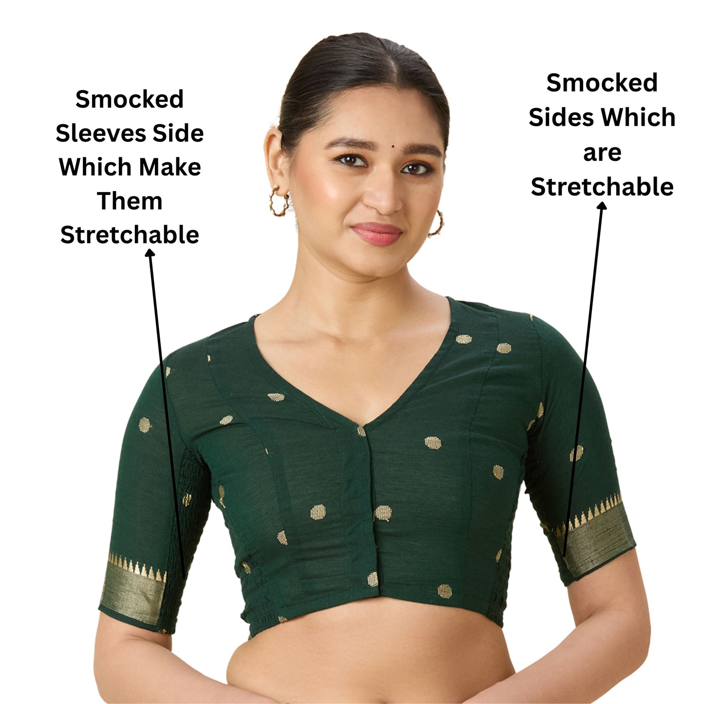 Women's Green Handloom Cotton Stretchable (Smocked) Readymade Saree Blouse (Design 2967)