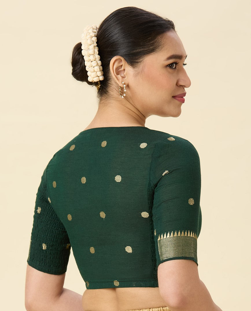 Women's Green Handloom Cotton Stretchable (Smocked) Readymade Saree Blouse (Design 2967)