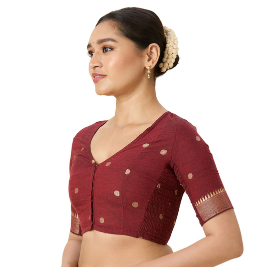 Women's Maroon Handloom Cotton Stretchable (Smocked) Readymade Saree Blouse (Design 2967)