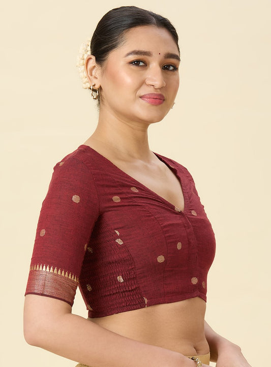 Women's Maroon Handloom Cotton Stretchable (Smocked) Readymade Saree Blouse (Design 2967)