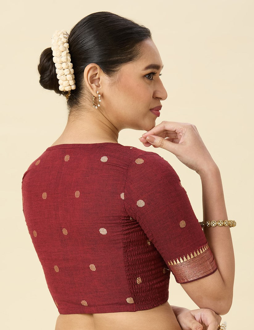 Women's Maroon Handloom Cotton Stretchable (Smocked) Readymade Saree Blouse (Design 2967)