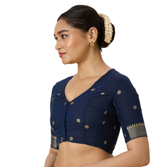 Women's Navy Blue Handloom Cotton Stretchable (Smocked) Readymade Saree Blouse (Design 2967)