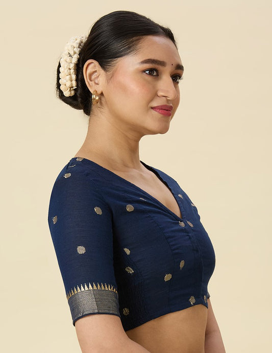 Women's Navy Blue Handloom Cotton Stretchable (Smocked) Readymade Saree Blouse (Design 2967)