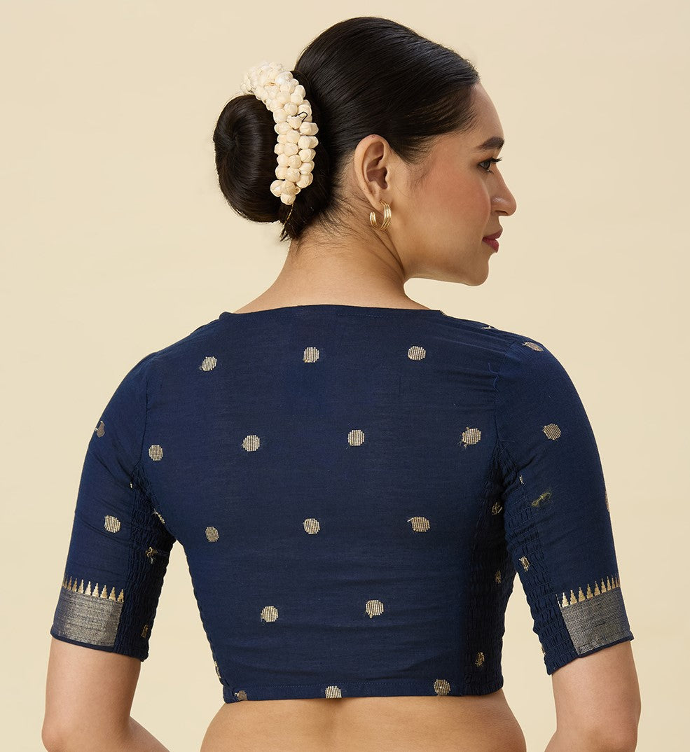 Women's Navy Blue Handloom Cotton Stretchable (Smocked) Readymade Saree Blouse (Design 2967)