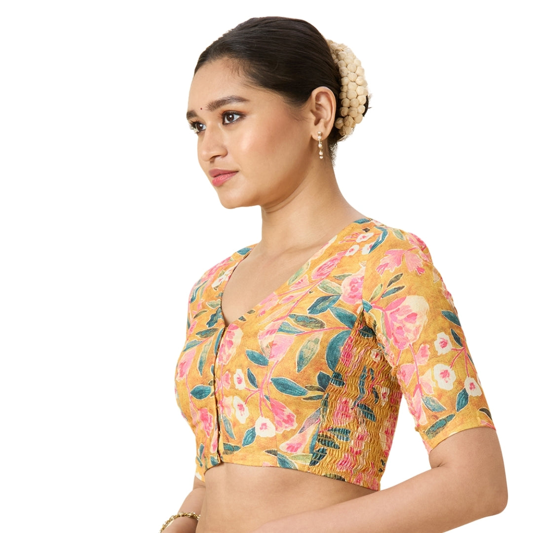 Women's Multicolor Cotton Floral Print Side Stretch (Smocked) Readymade Saree Blouse (Design 2968)