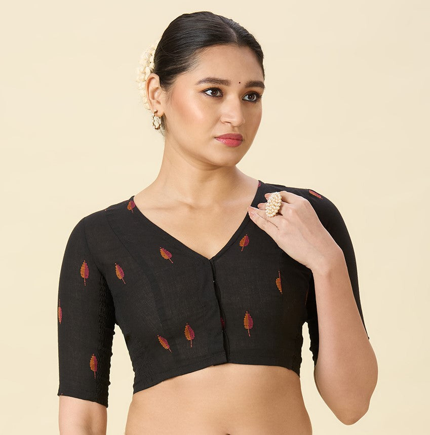 Women's Black Handloom Cotton Stretchable (Smocked) Readymade Saree Blouse (Design 2969)