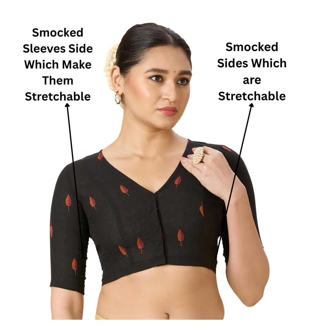 Women's Black Handloom Cotton Stretchable (Smocked) Readymade Saree Blouse (Design 2969)