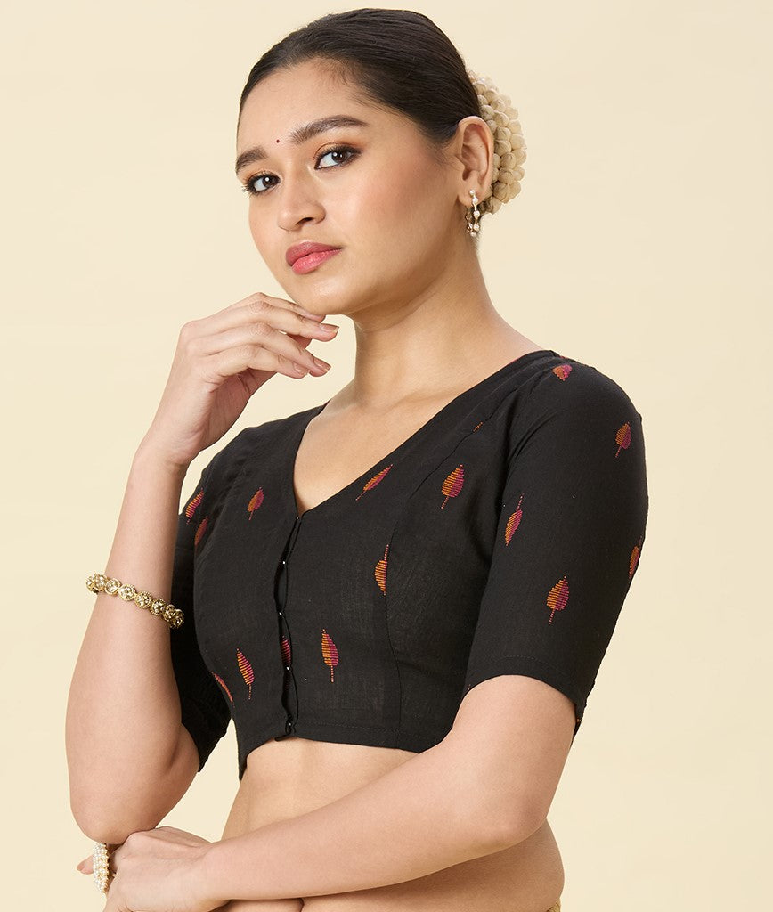 Women's Black Handloom Cotton Stretchable (Smocked) Readymade Saree Blouse (Design 2969)