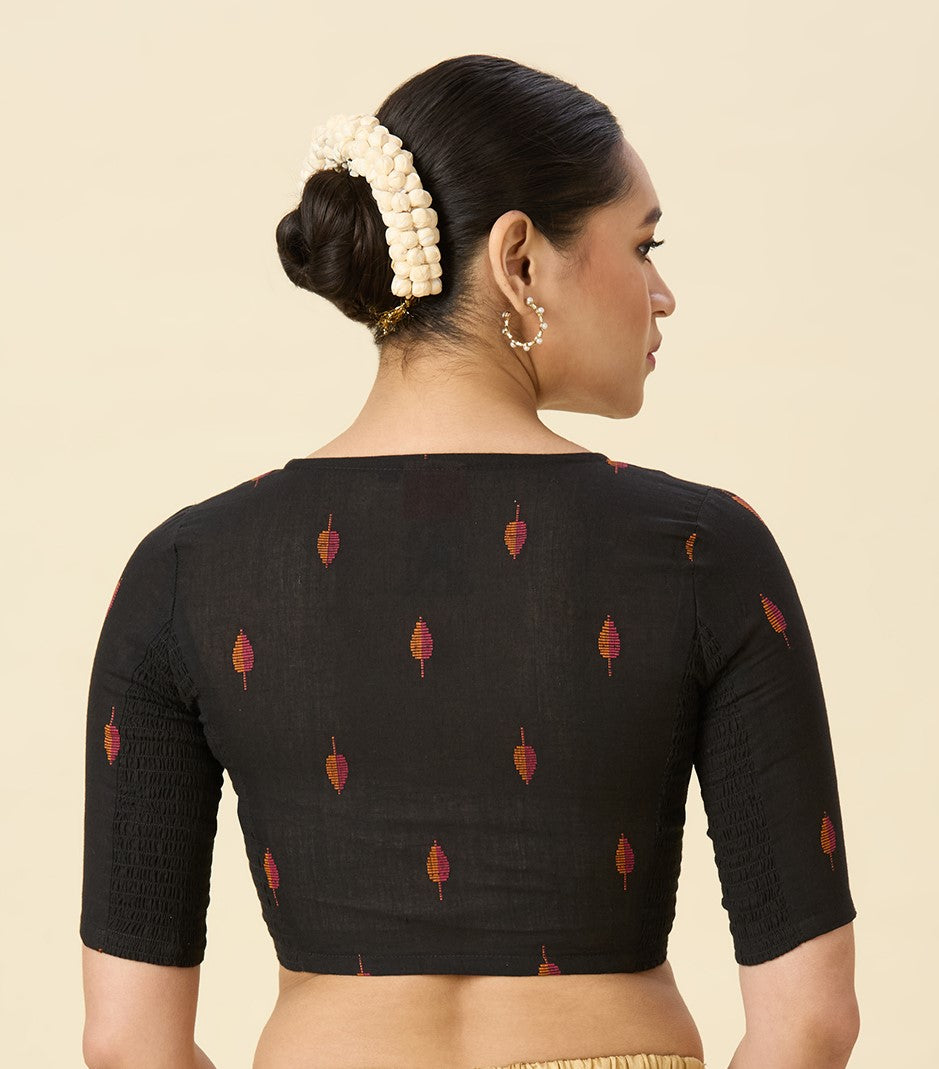Women's Black Handloom Cotton Stretchable (Smocked) Readymade Saree Blouse (Design 2969)