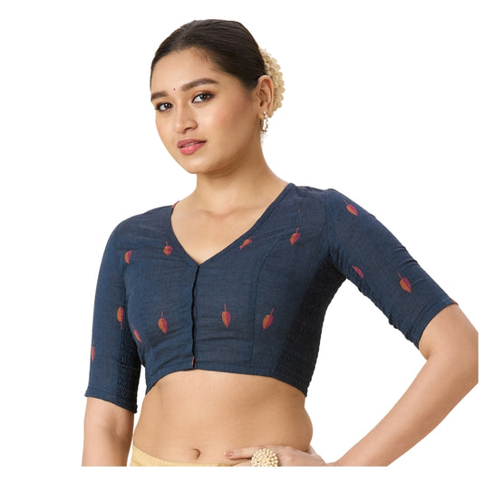 Women's Navy Blue Handloom Cotton Stretchable (Smocked) Readymade Saree Blouse (Design 2969)
