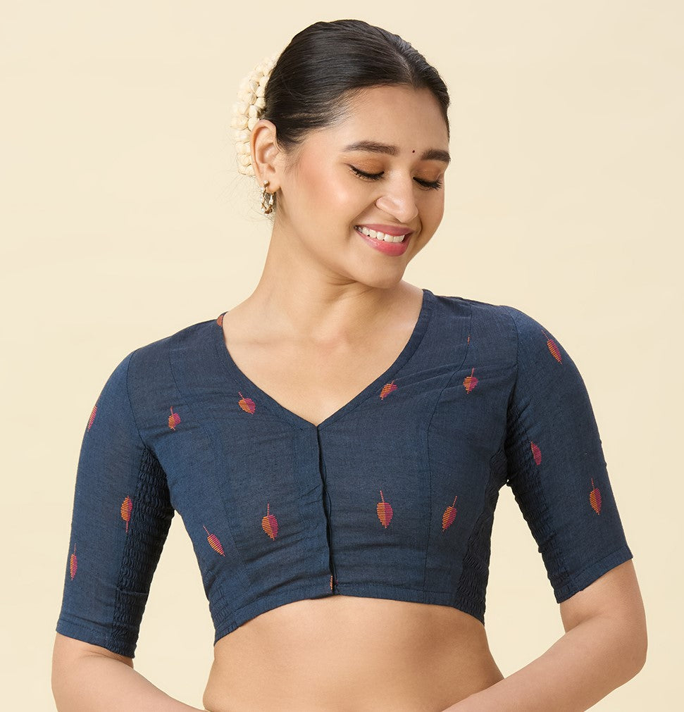 Women's Navy Blue Handloom Cotton Stretchable (Smocked) Readymade Saree Blouse (Design 2969)