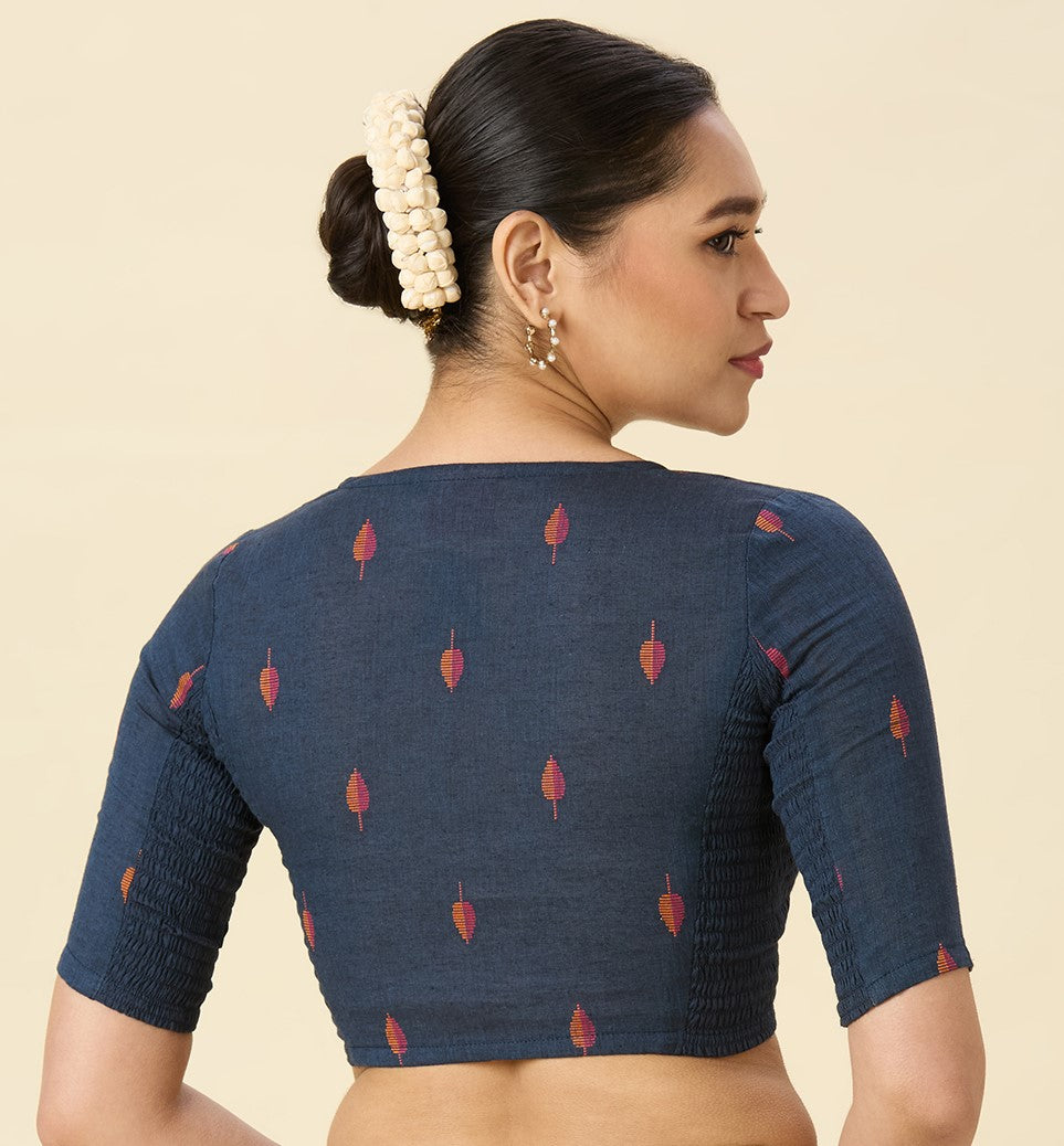 Women's Navy Blue Handloom Cotton Stretchable (Smocked) Readymade Saree Blouse (Design 2969)
