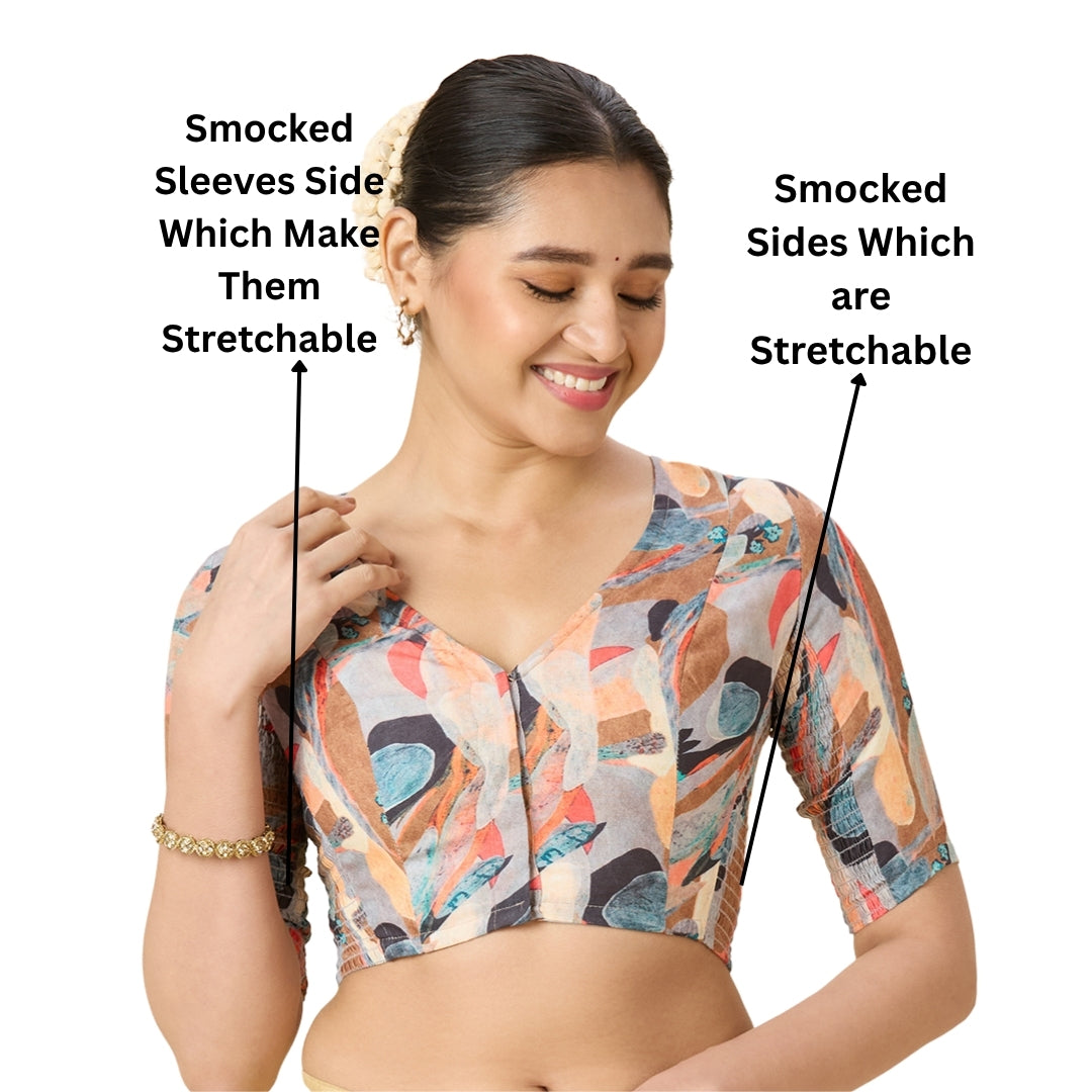 Women's Multicolor Cotton Picasso Print Side Stretch (Smocked) Readymade Saree Blouse (Design 2970)