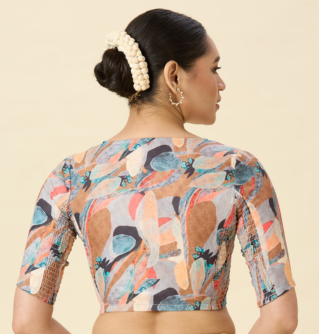 Women's Multicolor Cotton Picasso Print Side Stretch (Smocked) Readymade Saree Blouse (Design 2970)