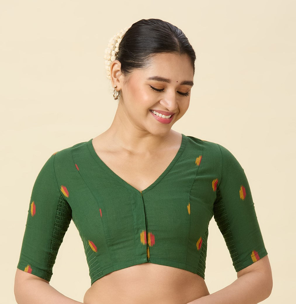 Women's Green Handloom Cotton Ikat Stretchable (Smocked) Readymade Saree Blouse (Design 2971)